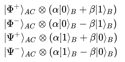 The four possible outcomes after Abdul makes his measurement, he’ll known which Bellman state he has received.