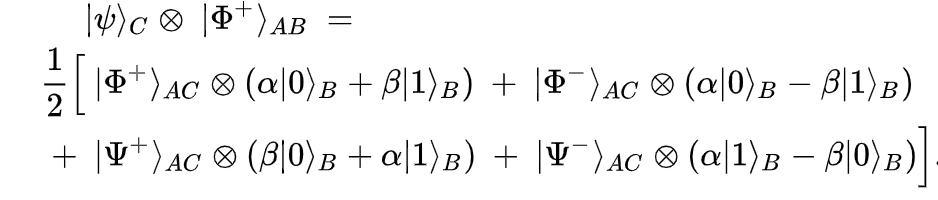 This is a much more useful representation as we can see what a measurement to the AC qubits, will do to the remaining qubit in the B space. Also note how similar each B state now looks to C qubit we originally wanted to send.